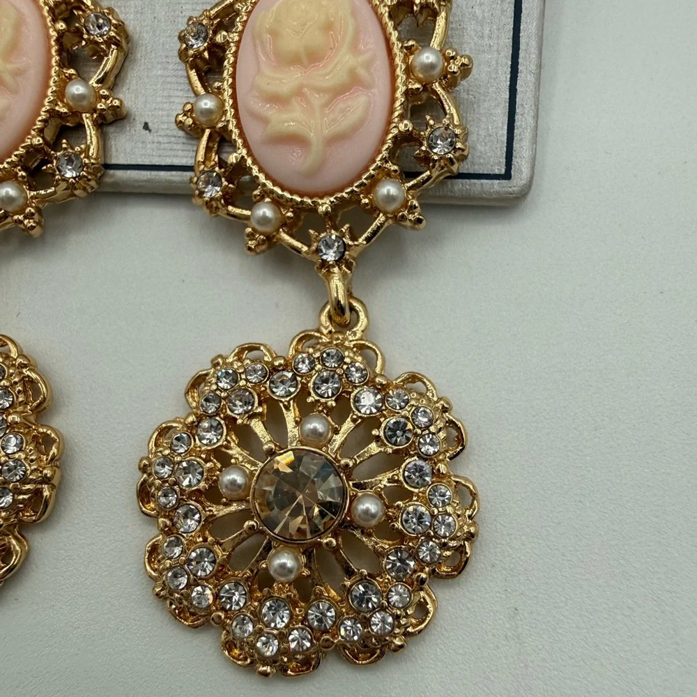Marchesa Elegant Gold Cameo Rose Drop Earrings w/ Pearls & Crystals - Picture 4 of 16